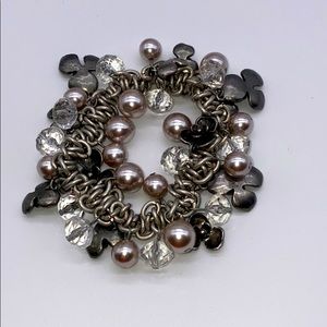 Floral Pearl Crystal and Metal Chain elastic bracelet